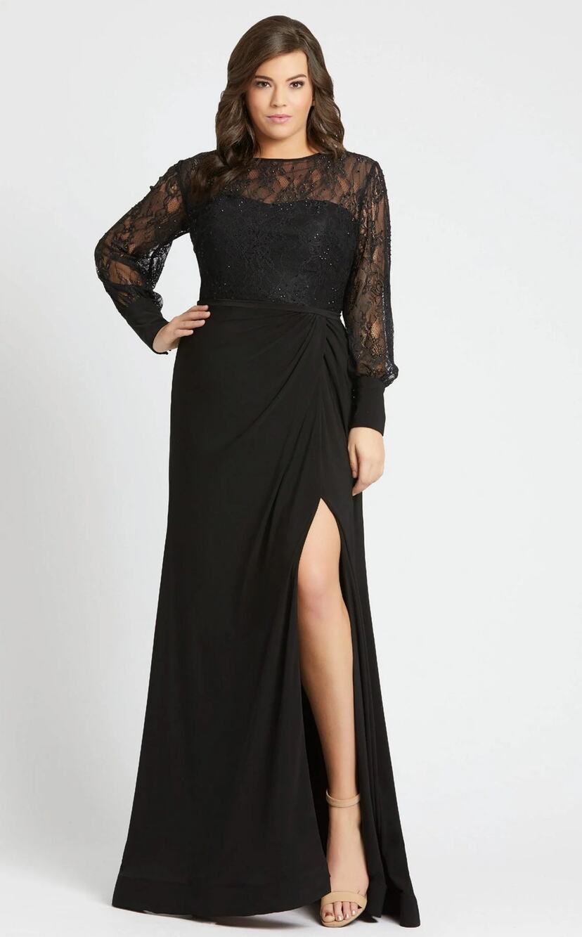 Mac Duggal Black Lace Long Sleeve A-line Slit Formal Dress Plus Size 24W